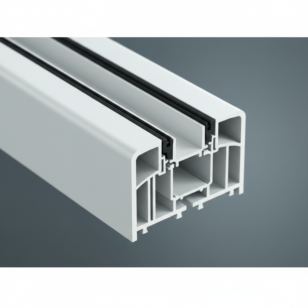 A close-up detail of a premium vinyl window corner joint, showing pristine white, slightly satin-finish profiles meeting in a flawless 45-degree weld. The texture of the frame is subtly grained, with integrated weatherstripping visible along the inner edge and a multi-chamber cross-section hinted at where the sash meets the frame. Soft studio lighting from the upper left creates delicate highlights along the edges and smooth gradients on the surfaces, emphasizing precision craftsmanship. The background is a gentle, out-of-focus slate gray, ensuring the window corner remains the focal point. Photographic realism, macro shot with shallow depth of field, minimal and technical, conveying quality engineering, attention to detail, and professional reliability.