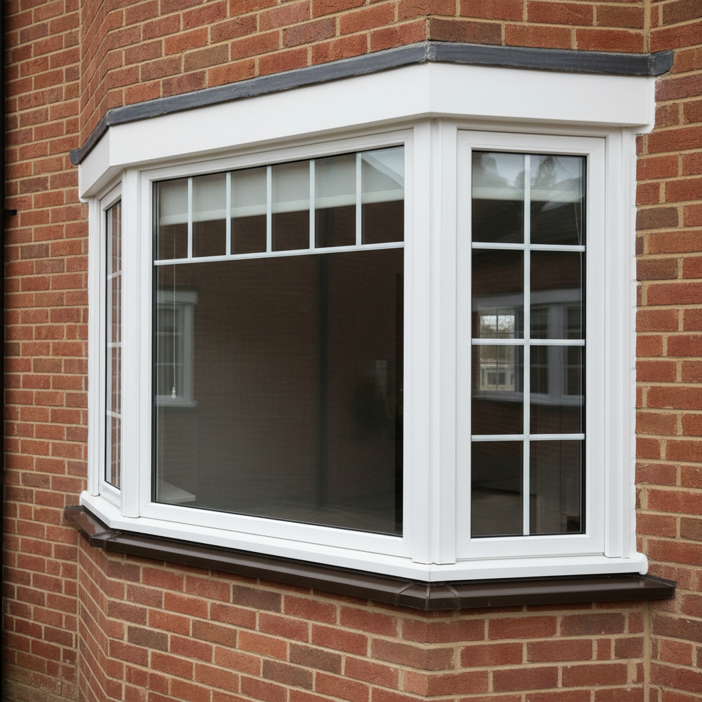 A meticulously crafted bay window installation on a traditional brick home façade, featuring three white-painted composite frames with beveled exterior trim and insulated glass units. The central window is a large fixed pane, flanked by two operable casements with elegant, narrow muntin bars forming a classic grid pattern. The brickwork around the opening is freshly pointed, with clean caulking lines and a custom metal sill flashing in dark bronze. Soft overcast daylight provides even, diffused illumination, minimizing harsh reflections and allowing every detail of the joinery and sealing to be visible. Photographic realism, slightly angled street-level perspective with sharp focus, evoking trust, permanence, and a sense of elevated curb appeal through professional installation and premium materials.