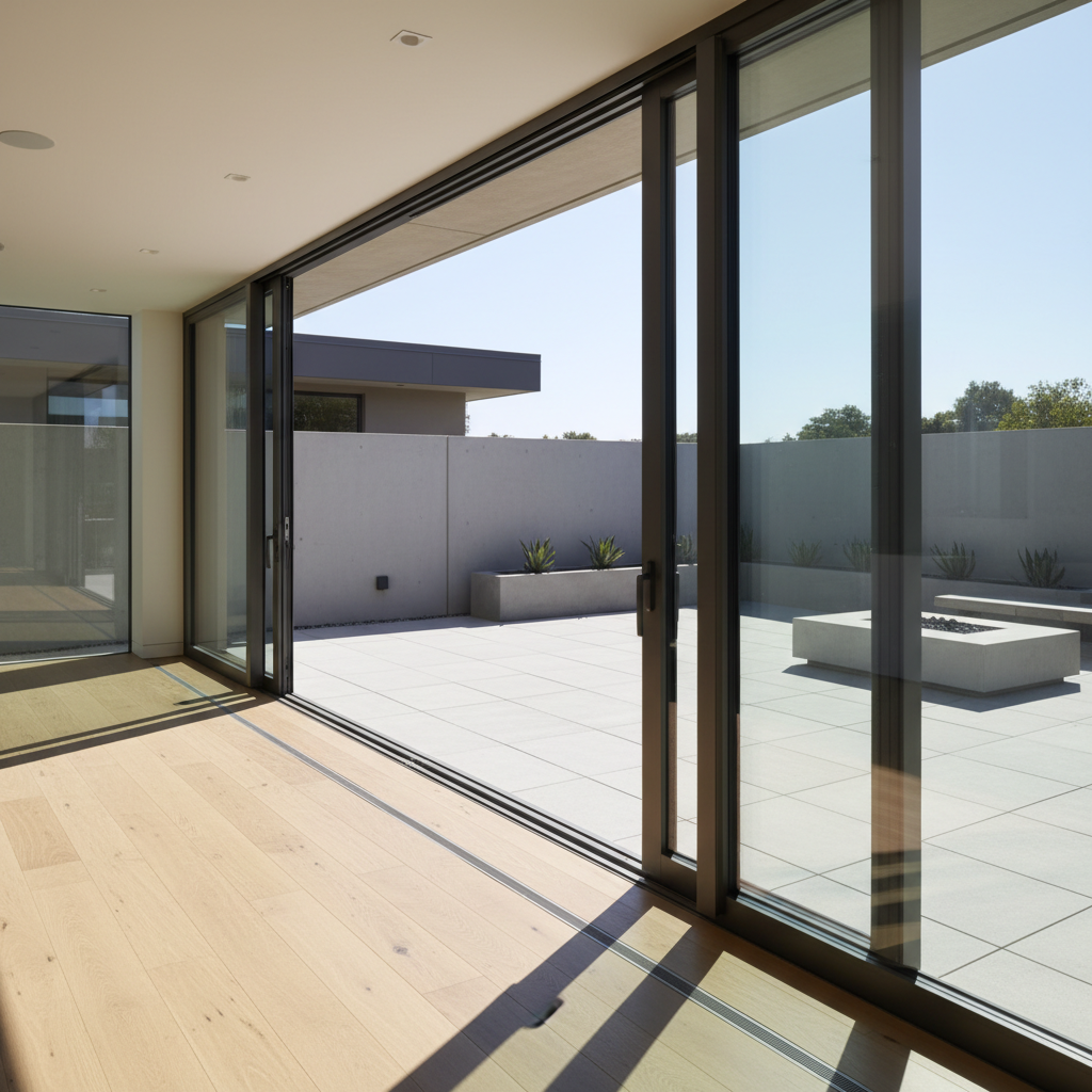 A sleek, multi-panel sliding glass door system fully opened to connect a minimalist interior with a sunlit patio. The panels are framed in slim, thermally broken aluminum with a brushed graphite finish, gliding on a perfectly aligned low-profile track. Inside, light oak flooring runs seamlessly to the exterior porcelain pavers, emphasizing the uninterrupted transition. Bright midday natural light floods through, creating crisp reflections on the glass and subtle shadows along the track and frame edges. Photographic realism, slightly elevated three-quarter angle, with deep focus capturing both interior and exterior clearly. The mood is open, airy, and aspirational, highlighting engineering excellence, smooth operation, and the way quality doors elevate modern living spaces.