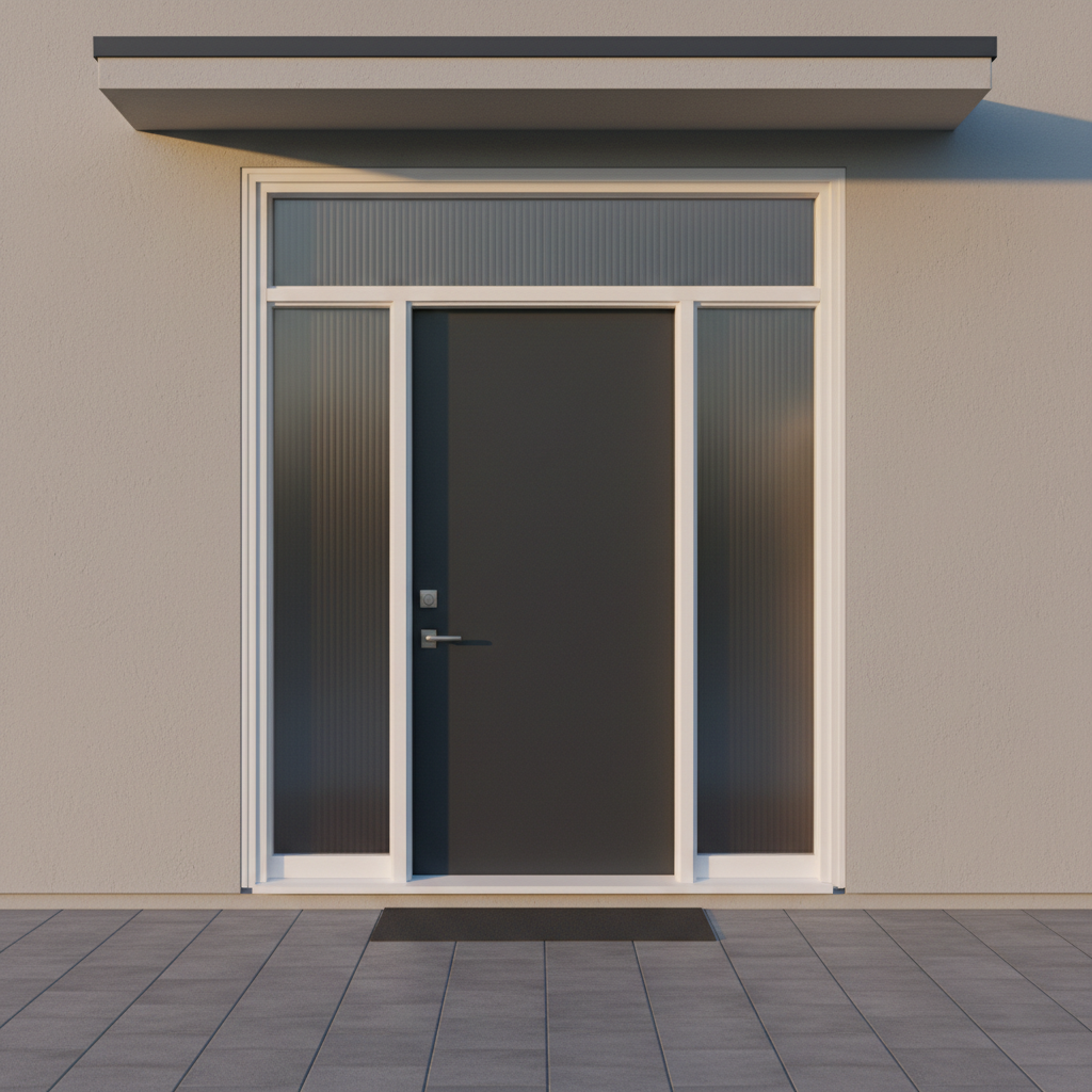 A modern front entry door system featuring a solid fiberglass door in deep charcoal gray with a fine, matte texture, framed by tall sidelights and a transom window. The sidelights use frosted glass with subtle vertical lines, set in crisp white composite frames that meet perfectly at each joint. The door is centered in a smooth stucco façade with clean architectural lines and a narrow overhang above. Golden hour sunlight grazes the surface, creating gentle highlights on hardware and frames while casting precise, elongated shadows on the entry pavers. Photographic realism, straight-on composition, balanced and symmetrical, with sharp detail and a professional, welcoming mood that communicates security, durability, and refined design.