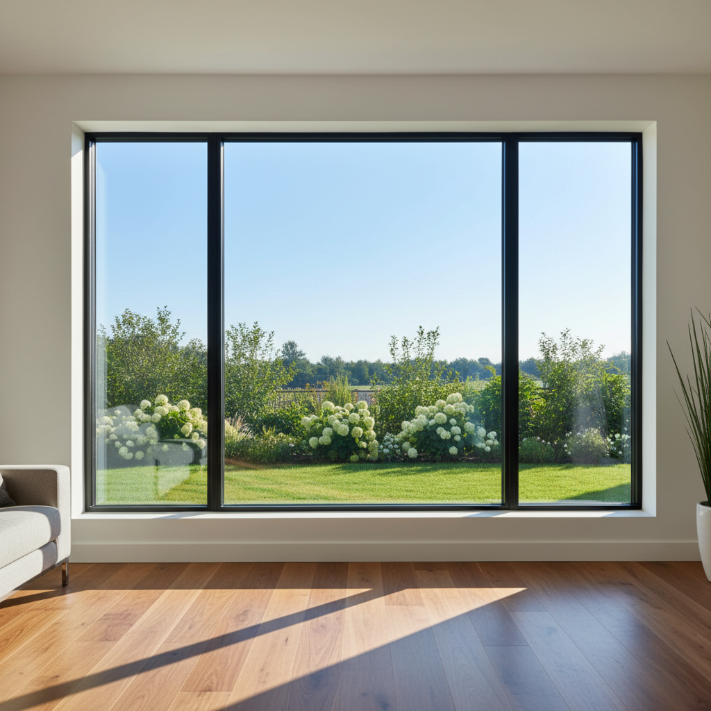 A large, impeccably installed picture window with slim, matte black aluminum frames dominates a contemporary living room wall, showing a crisp view of a landscaped backyard and blue sky. The glass is crystal clear with a subtle low-E coating reflection, seated flush within a smooth white drywall surround and walnut floor. Soft late-afternoon natural light pours through, casting clean, linear shadows across the plank flooring and highlighting the precision of the mitred corners. Photographic realism, shot at eye level with a wide-angle lens, sharp focus throughout. The composition uses the rule of thirds, conveying a professional, elevated, calm atmosphere that emphasizes craftsmanship, energy efficiency, and unobstructed views.