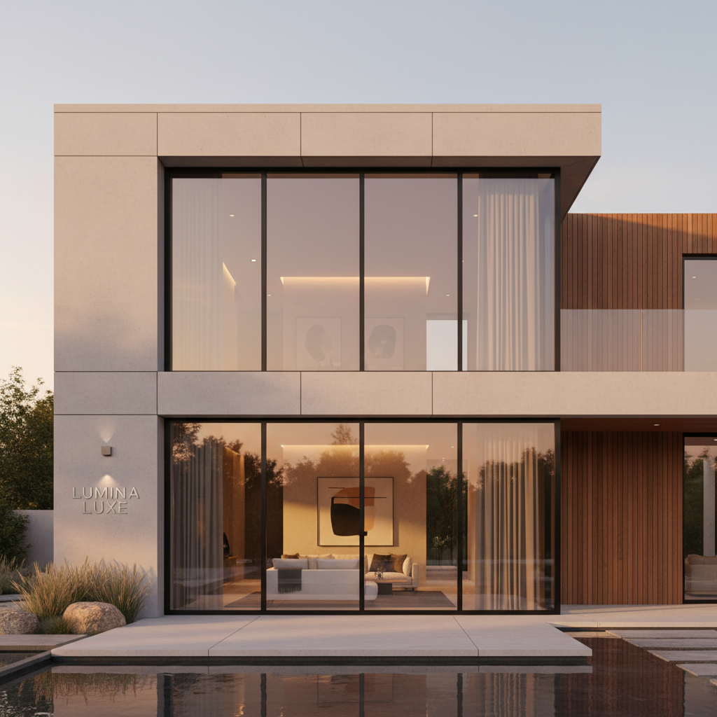 A high-end, modern residential exterior showcasing large, energy-efficient black-framed windows and a sleek sliding glass door, photographed at golden hour with warm light spilling from inside the home, minimal landscaping, and a clean architectural look to match a luxury window and door company brand.
