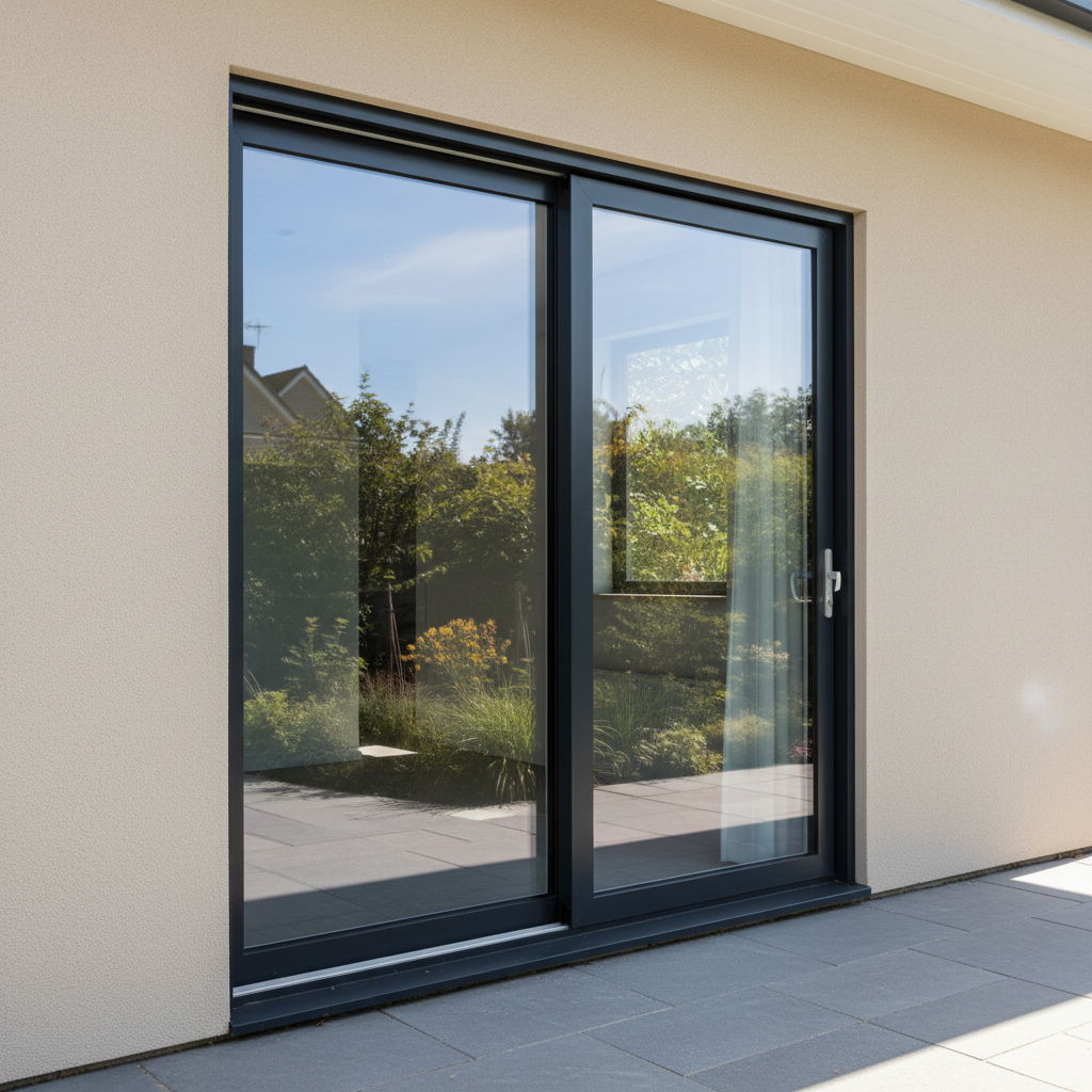 A clean, modern standard sliding glass patio door on a residential home, bright daylight, neutral exterior wall, subtle reflections in the glass, professional architectural photography