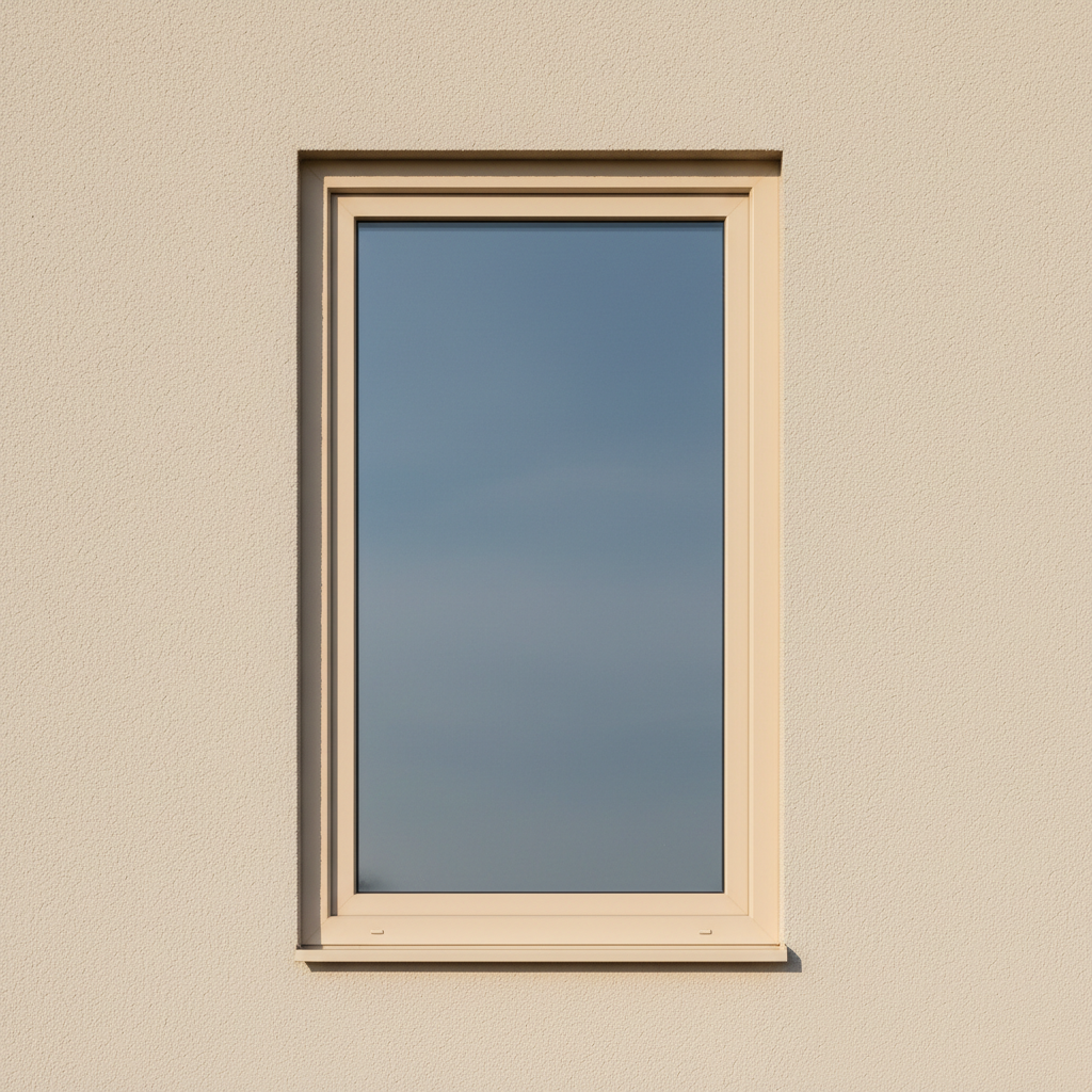 A close-up of a modern, energy-efficient standard house window in almond color on a light stucco exterior wall, clean glass, simple trim, soft natural daylight, photographed straight on for use in a product gallery.