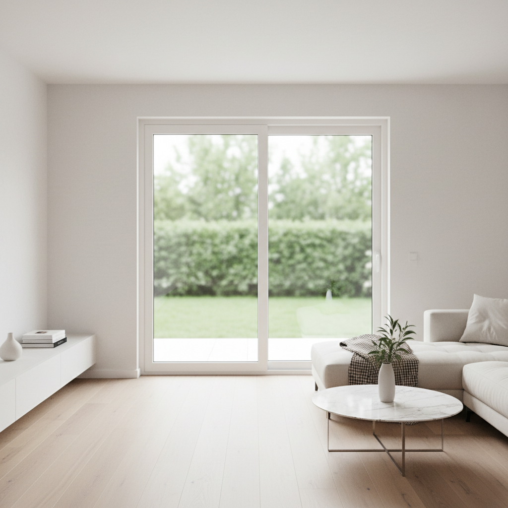 A clean, modern, standard-sized white sliding glass door in a bright, minimal living room interior, straight-on view, high-end residential style, soft natural daylight, no people, neutral background that matches the current site style.