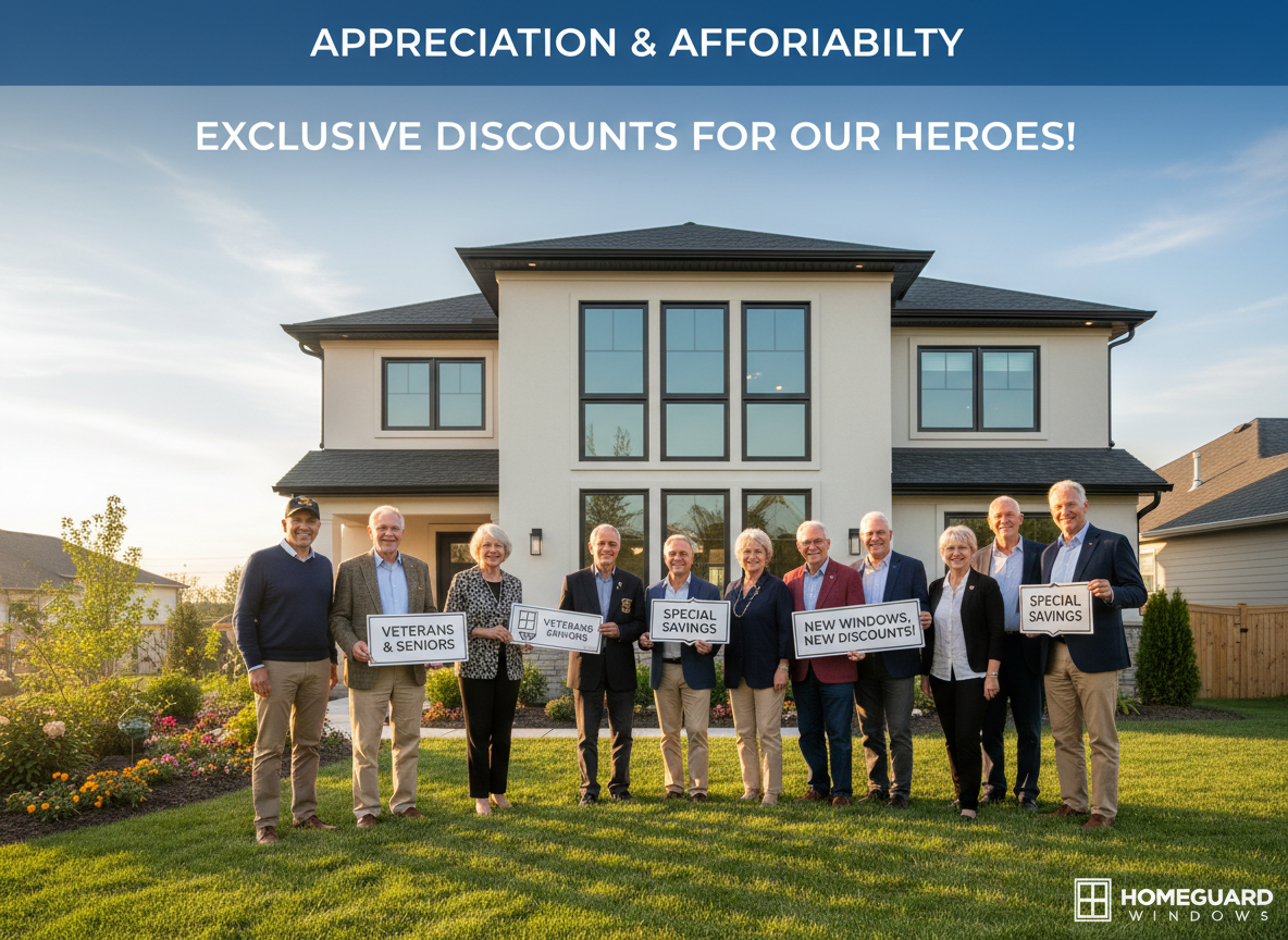 A warm, welcoming scene of a diverse group of veterans and senior citizens smiling together in front of a modern home with new windows, emphasizing appreciation and special discount offers, in a clean, modern, realistic style.